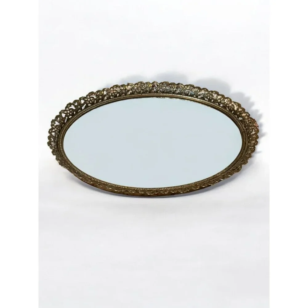 Vintage Ornate Brass & Glass Oval Vanity Tray or Wall Mirror